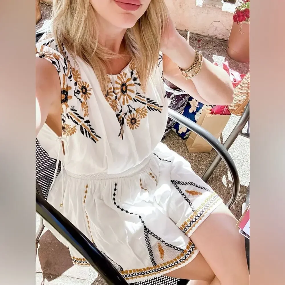 Free People Floral Embroidered Smocked Tie Back Catalina Romper Ivory Combo S - Picture 14 of 14